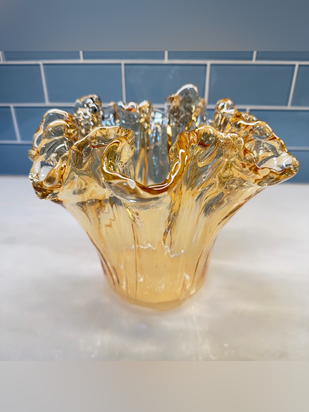 Vintage Murano Style Italian Amber Art Glass Ruffled Handkerchief Vase 8"